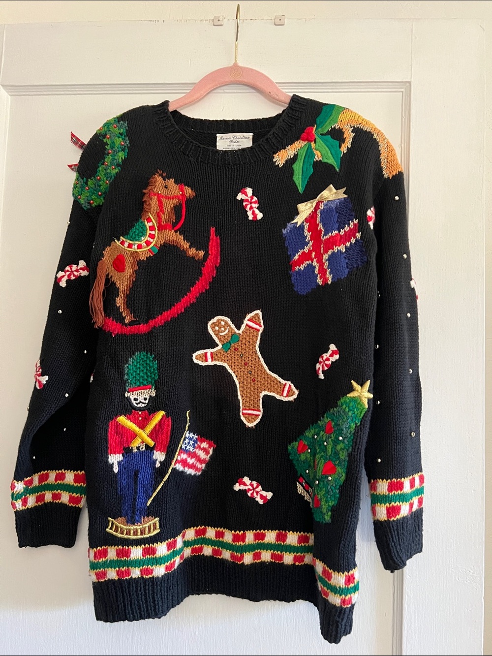 Vintage Black Holiday Novelty Sweater with Festive Appliqués